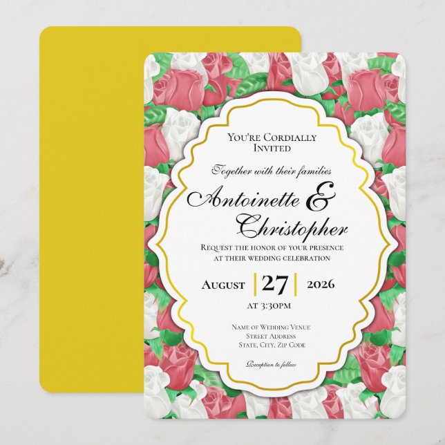 Faire-part de mariage Rose rouge et blanche avec b (Devant / Derrière)