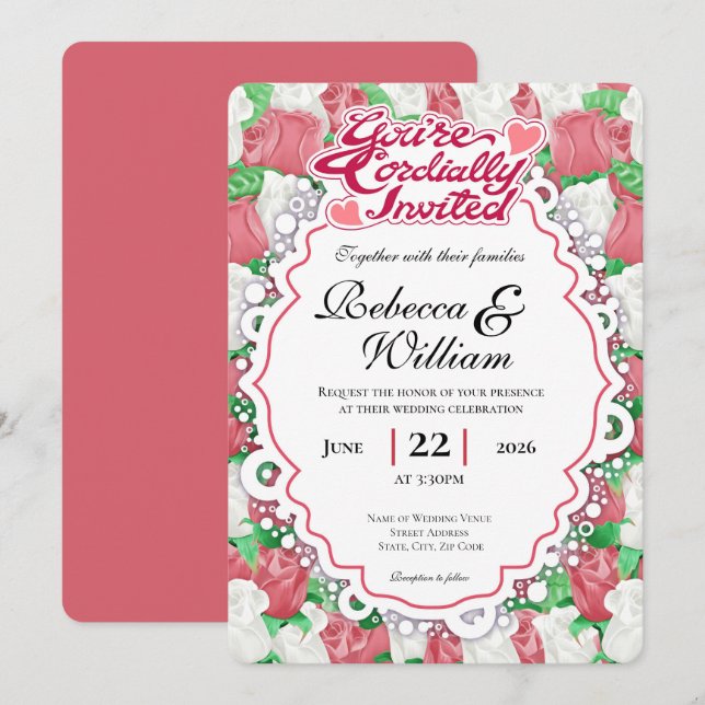 Faire-part de mariage Rose rouge et blanche - Lett (Devant / Derrière)