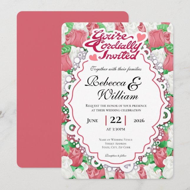 Faire-part de mariage Rose rouge et blanche - Lett (Devant / Derrière)