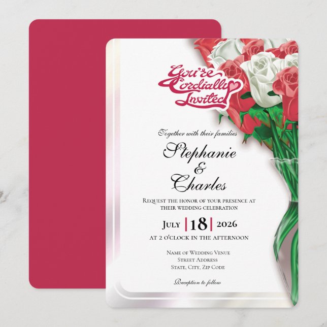 Faire-part de mariage Rose Rouge - Lettre Rouge 2 (Devant / Derrière)