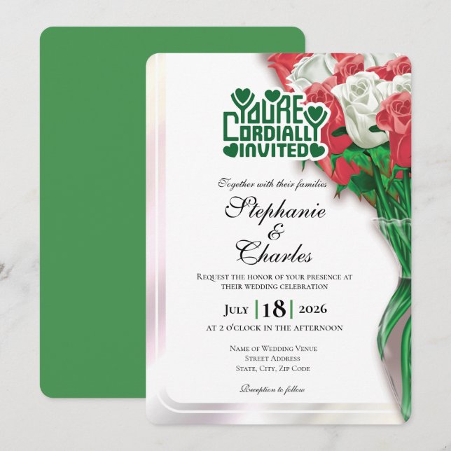 Faire-part de mariage Rose Rouge - Lettre verte 4 (Devant / Derrière)