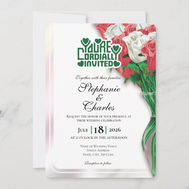 Faire-part de mariage Rose Rouge - Lettre verte 4 (Devant)