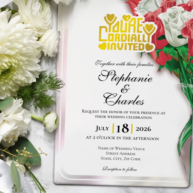 Faire-part de mariage Rose Rouge - Lettres Dorées  (Red and White roses in vase wedding invite design with gold heading)