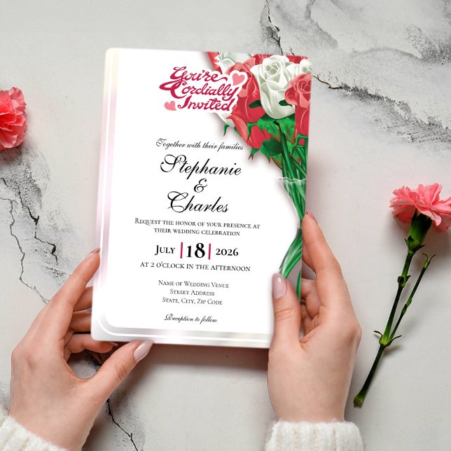 Faire-Part de Mariage Rose Rouge - Lettres Rouges  (Créateur téléchargé)