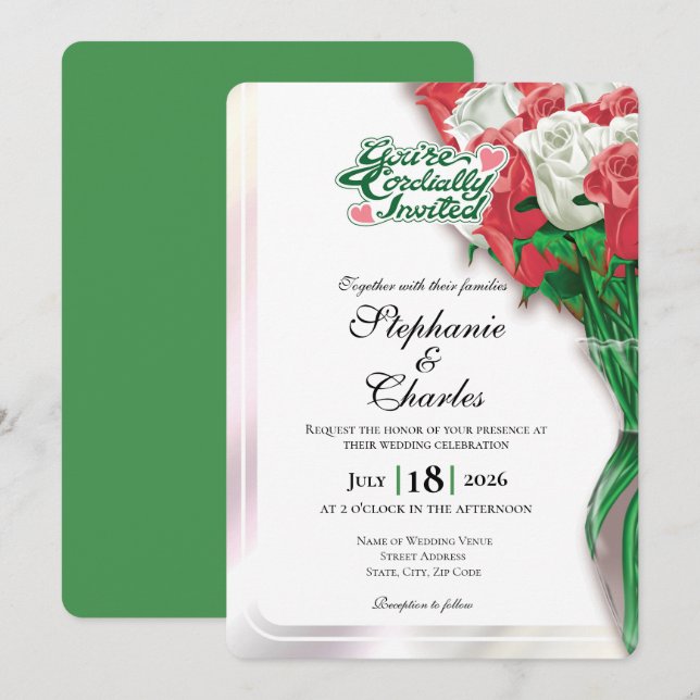 Faire-part de mariage Rose Rouge - Lettres Vertes  (Devant / Derrière)