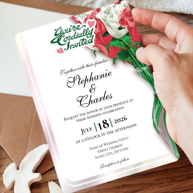 Faire-Part de Mariage Rose Rouge - Lettres Vertes  (Créateur téléchargé)