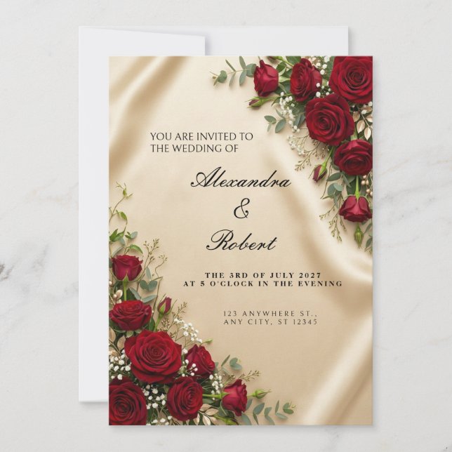 Faire-part de mariage Rose rouge satin Champagne (Devant)