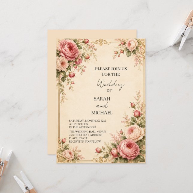 Faire-part de mariage Rose Vintage  (Devant/Arrière en situation)