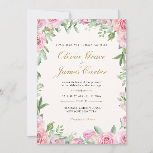Faire-part de mariage Roses Blush | Floral éditabl (Devant)