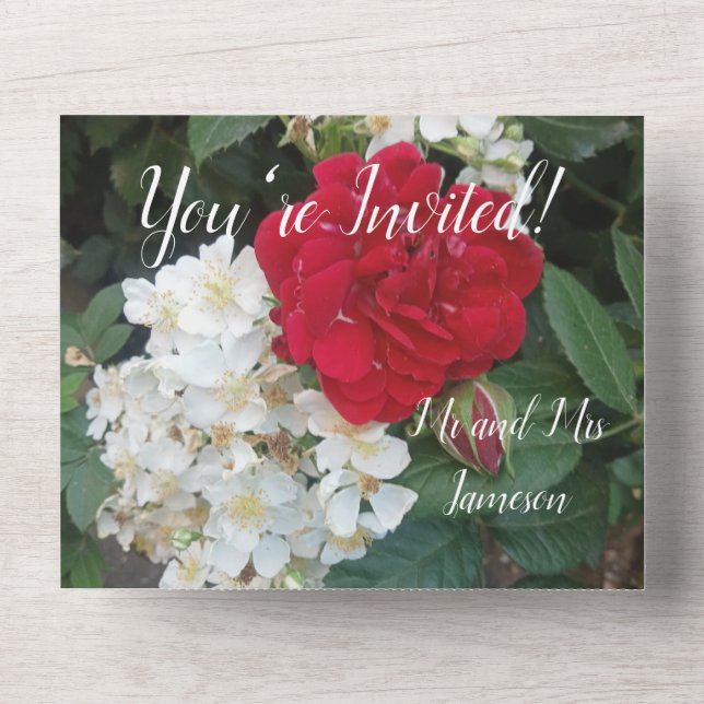 Faire-Part de Mariage Roses Rouges Tout En Un (Recto)