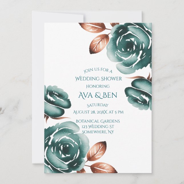 Faire-part de Mariage Roses Sarcelle et Feuilles d (Devant)