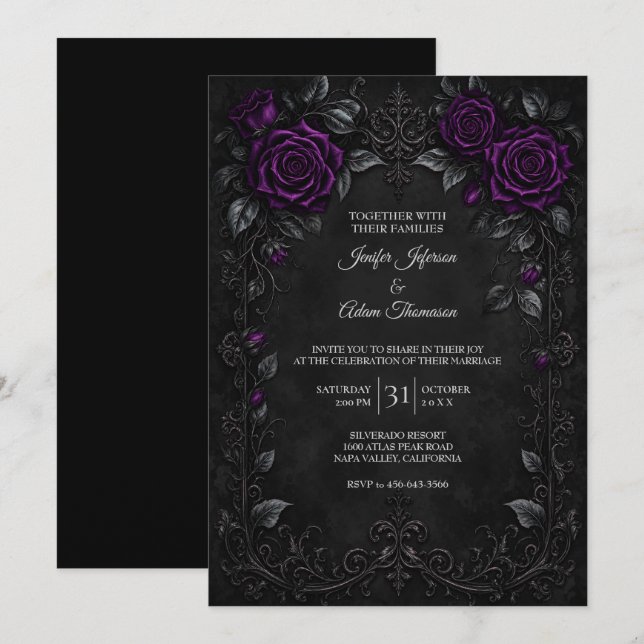 Faire-part de mariage Roses Violettes (Devant / Derrière)