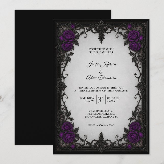 Faire-part de mariage Roses Violettes (Devant / Derrière)