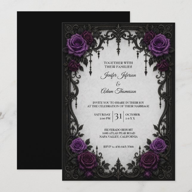 Faire-part de mariage Roses Violettes (Devant / Derrière)