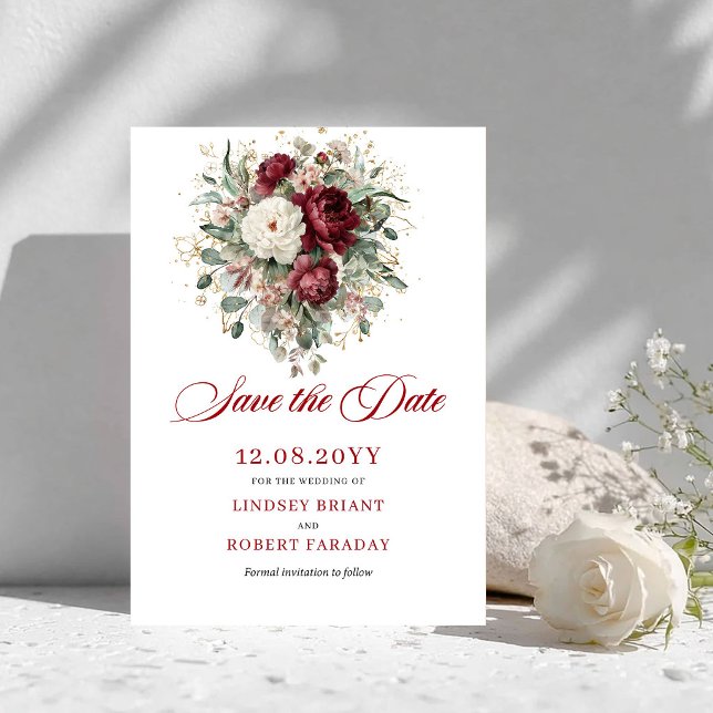 Faire-part de Mariage Rouge Bourgogne Floral Bohèm (Bohemian Blush Burgundy Floral Save The Date)