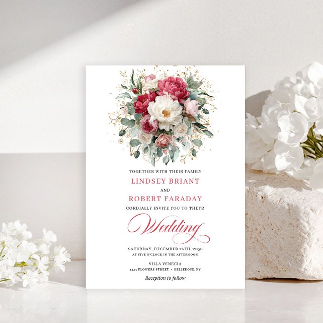 Faire-part de mariage rouge cramoisi Boho intempor (Timeless Boho Crimson Red Blush Gold Wedding Invitation)