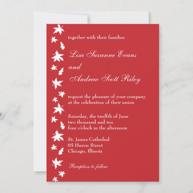 Faire-part de mariage rouge et blanc de feuille (Devant)