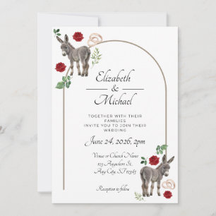 Faire-part de mariage rouge floral Âne rustique