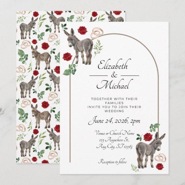 Faire-part de mariage rouge floral Âne rustique (Devant / Derrière)