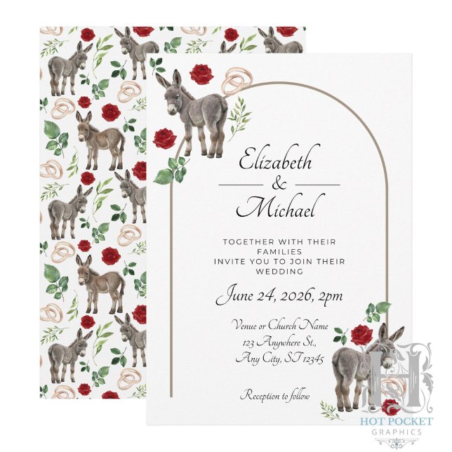 Faire-part de mariage rouge floral Âne rustique (Créateur téléchargé)