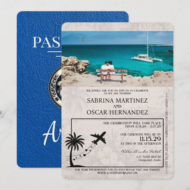 Faire-part de mariage Royal Blue Aruba Passport (Devant / Derrière)