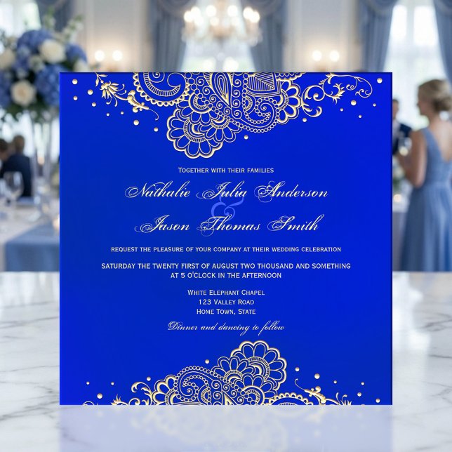 Faire-part de mariage Royal Blue Henna Lace Navy (Elegant navy and royal blue wedding invitation featuring a gold styled henna inspired design)