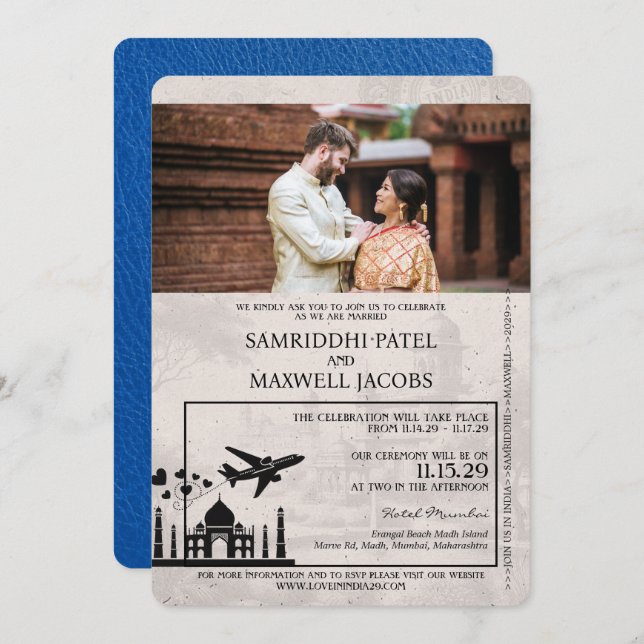 Faire-part de mariage Royal Blue India Passport (Devant / Derrière)