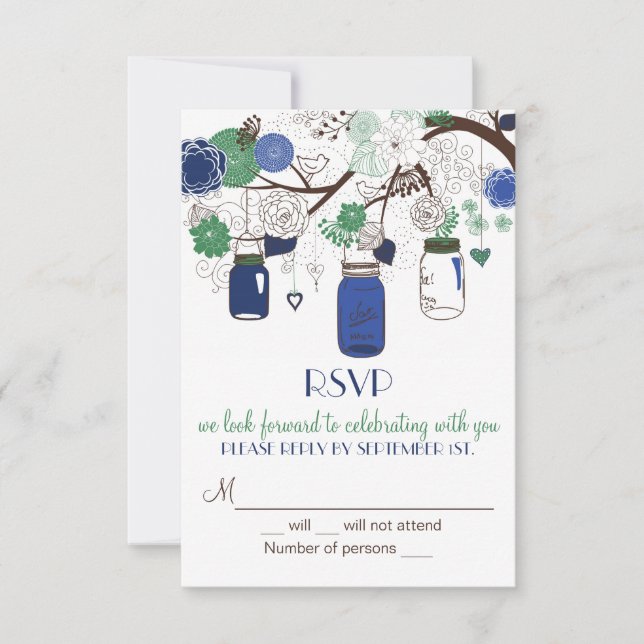 Faire-part de mariage RSVP Bocal Mason Bleu et Ver (Devant)