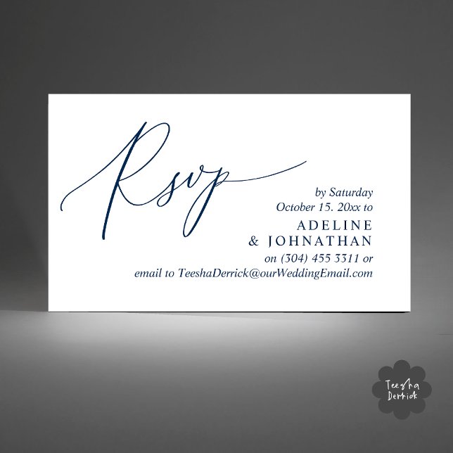 Faire-part de mariage RSVP, Rappel romantique mode (Wedding Invitation RSVP Modern Minimalist Design Reminder Email Phone Texting in Classy Navy Blue)