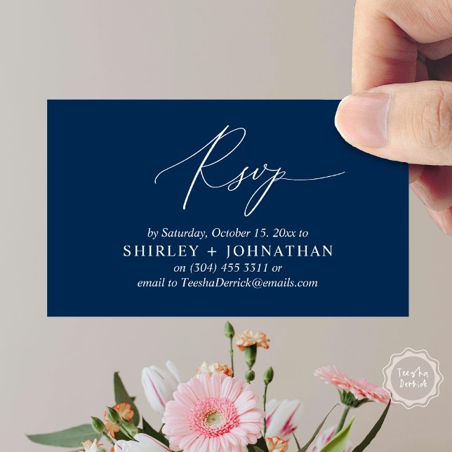 Faire-part de mariage RSVP, Rappel romantique mode (Wedding Invitation RSVP Modern Minimalist Design Reminder Email Phone Texting in Classy Navy Blue)