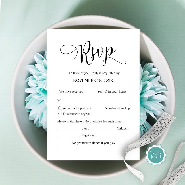Faire-part de mariage RSVP Répondre, Carte des opt (Modern Wedding Invitation RSVP card, with meal options, accept, decline, song request.)