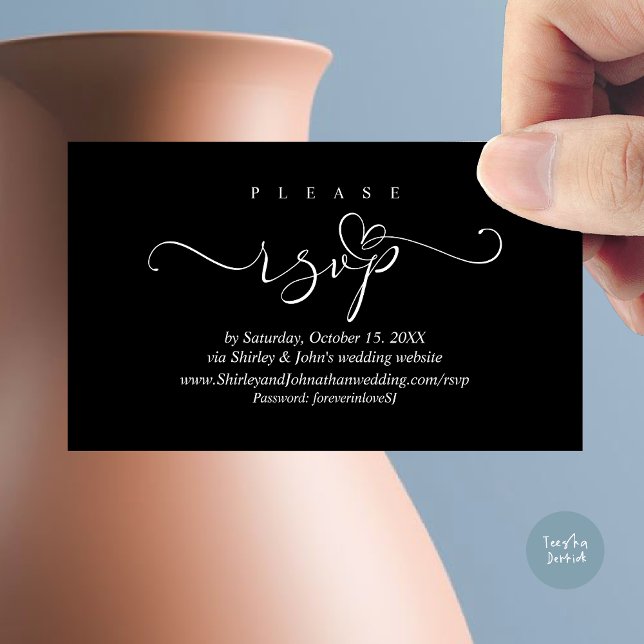 Faire-part de mariage RSVP romantique, via le site (Modern RSVP Wedding Invitation, via Website Enclosure Card, Phone, email, Black White)