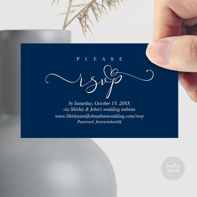 Faire-part de mariage RSVP romantique, via le site (Modern RSVP Wedding Invitation, via Website Enclosure Card, Phone, email, Navy Blue)