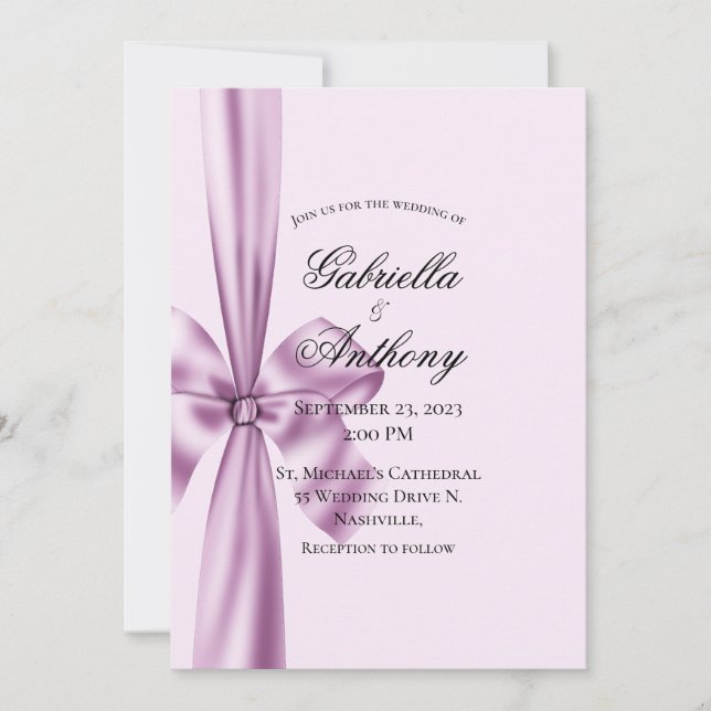 Faire-part de mariage ruban de satin violet lavand (Devant)
