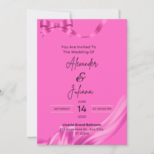 Faire-part de mariage ruban rose moderne pour mari (Devant)
