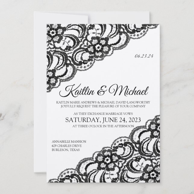 Faire-part de mariage Rustic Lace | Noir sur Kraft (Devant)