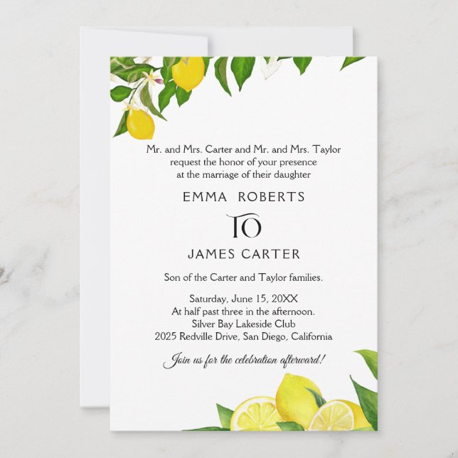 Faire-part de mariage rustique au citron (Devant)