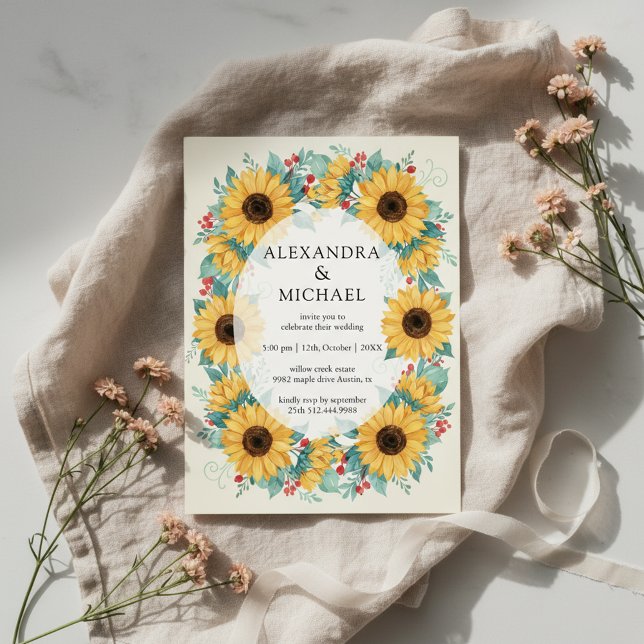 Faire-part de mariage rustique au tournesol floral (Sunflower rustic wedding design with warm floral elegance)
