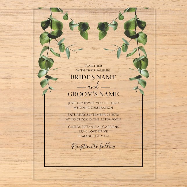Faire-part de mariage rustique aux feuilles d'euca (Recto)
