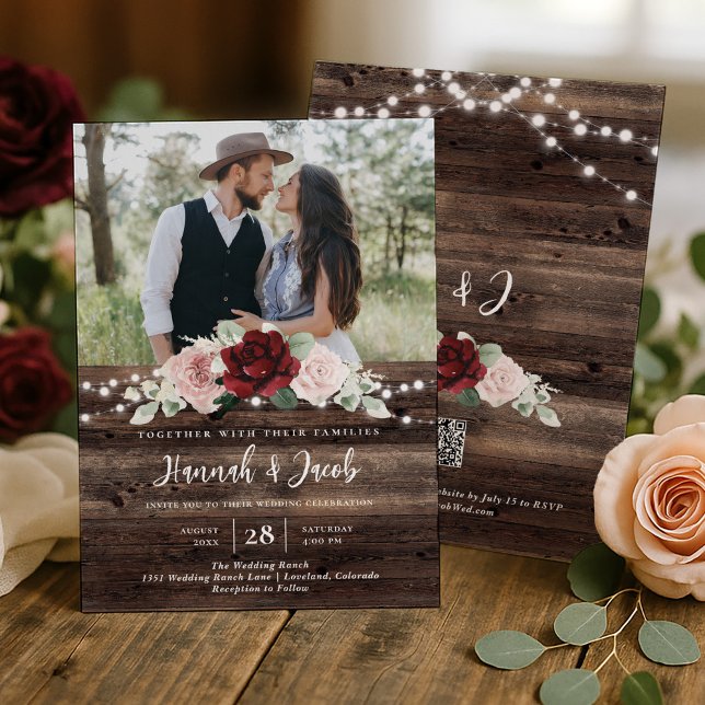Faire-part de mariage rustique avec code QR floral (Créateur téléchargé)