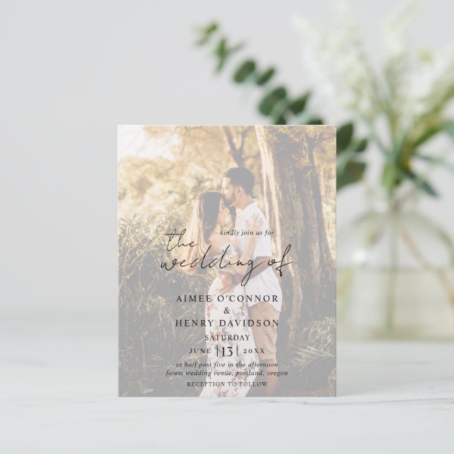 Faire-part de mariage rustique avec photo et budge (Debout devant)