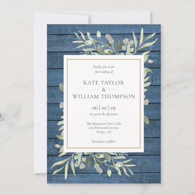Faire-part de mariage rustique bleu marine avec ve (Devant)
