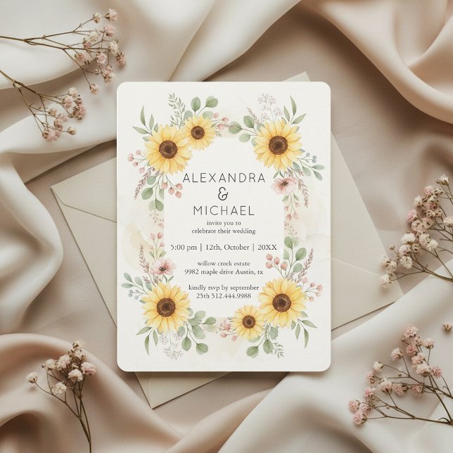 Faire-part de mariage rustique botanique tournesol (elegant rustic florals)