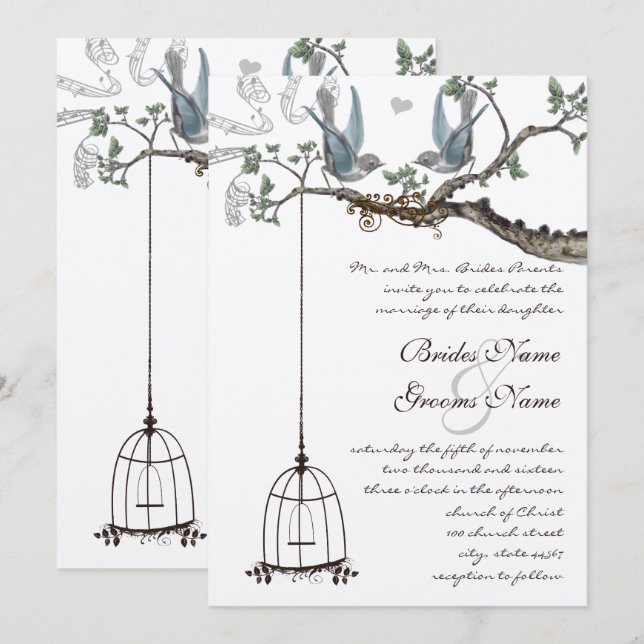 Faire-part de mariage Rustique Cage à oiseaux Merl (Devant / Derrière)