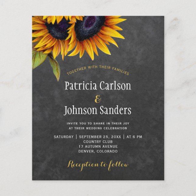 Faire-part de mariage rustique chic avec tournesol (Devant)