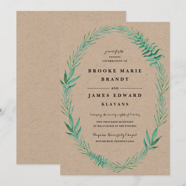 Faire-part de mariage rustique de verdure de couro (Devant / Derrière)