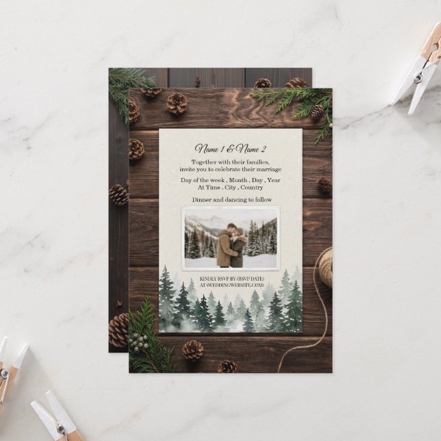 Faire-part de mariage rustique d'hiver avec photo (Devant/Arrière en situation)