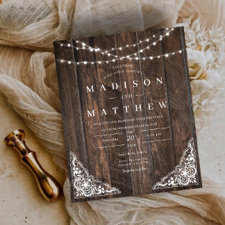Faire-Part de Mariage Rustique en Bois avec Dentel