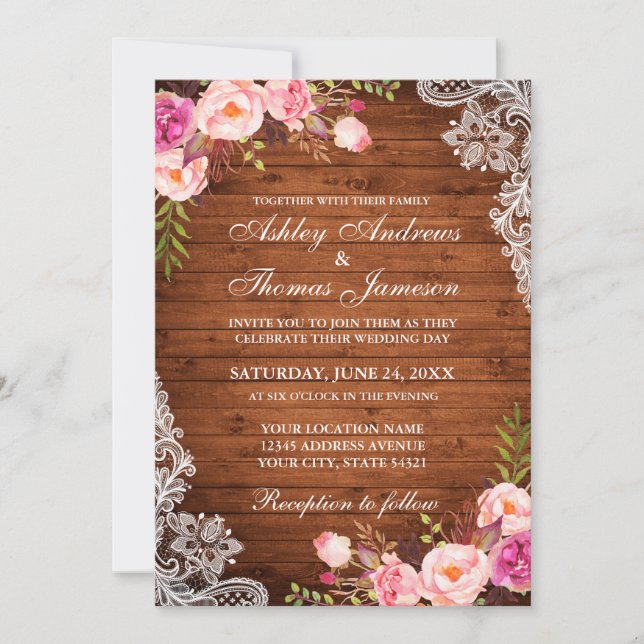 Faire-part de mariage rustique en bois avec dentel (Devant)