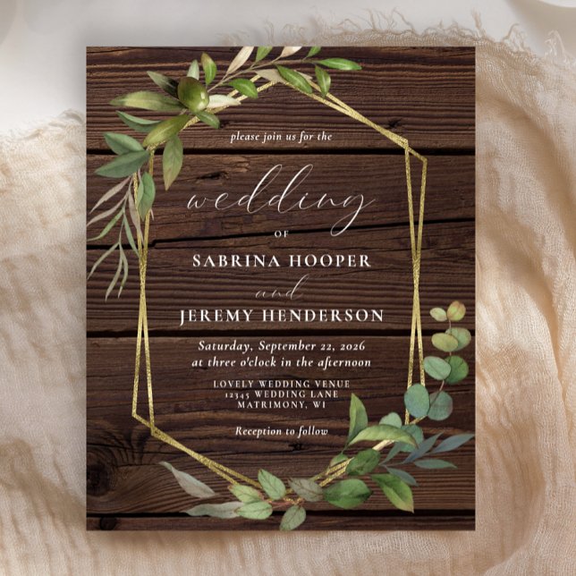Faire-part de mariage rustique en bois avec verdur (Créateur téléchargé)